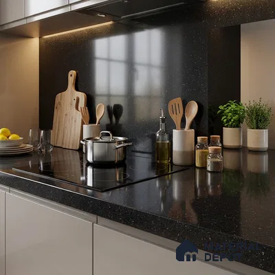 Terrazzo Counter Top Slab TL 11894 D Oro Nero Glossy 8 ft x 2.62 ft Glossy Full Body Vitrified Tile - 15 mm | Suitable For Counter Top, Dining Table Top & Window Frame