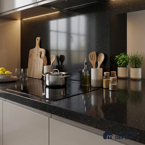 Terrazzo Counter Top Slab TL 11894 D Oro Nero Glossy 8 ft x 2.62 ft Glossy Full Body Vitrified Tile - 15 mm | Suitable For Counter Top, Dining Table Top & Window Frame