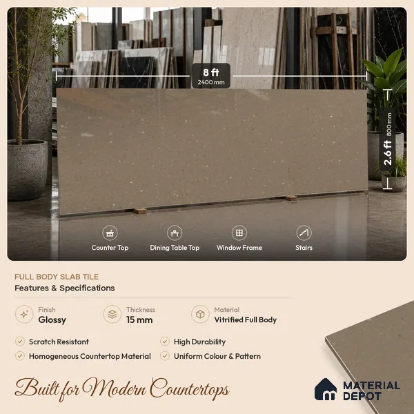 Terrazzo Counter Top Slab TL 11894 H Oro Caramel Glossy 8 ft x 2.62 ft Glossy Full Body Vitrified Tile - 15 mm | Suitable For Counter Top, Dining Table Top & Window Frame