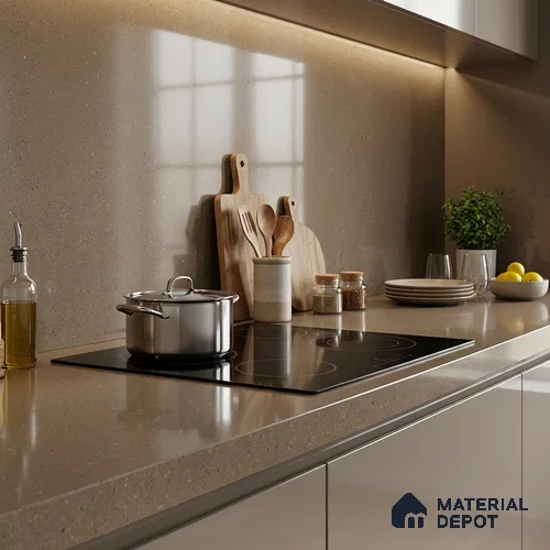 Terrazzo Counter Top Slab TL 11894 H Oro Caramel Glossy 8 ft x 2.62 ft Glossy Full Body Vitrified Tile - 15 mm | Suitable For Counter Top, Dining Table Top & Window Frame