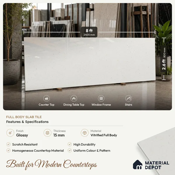 Terrazzo Counter Top Slab TL 11894 J Oro White Glossy 8 ft x 2.62 ft Glossy Full Body Vitrified Tile - 15 mm | Suitable For Counter Top, Dining Table Top & Window Frame