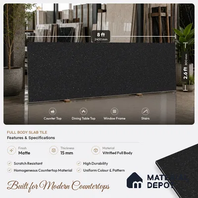 Terrazzo Counter Top Slab TL 10056 B Sago Nero Nutech 8 ft x 2.62 ft Matte Finish Full Body Vitrified Large Format Tile - 15 mm Suitable For Counter Top, Dining Table Top & Window Frame