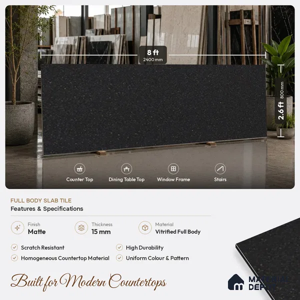 Terrazzo Counter Top Slab TL 10056 B Sago Nero Nutech 8 ft x 2.62 ft Matte Finish Full Body Vitrified Large Format Tile - 15 mm Suitable For Counter Top, Dining Table Top & Window Frame