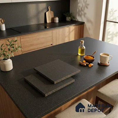 Terrazzo Counter Top Slab TL 10056 B Sago Nero Nutech 8 ft x 2.62 ft Matte Finish Full Body Vitrified Large Format Tile - 15 mm Suitable For Counter Top, Dining Table Top & Window Frame