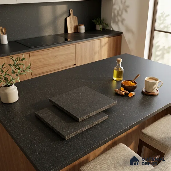 Terrazzo Counter Top Slab TL 10056 B Sago Nero Nutech 8 ft x 2.62 ft Matte Finish Full Body Vitrified Large Format Tile - 15 mm Suitable For Counter Top, Dining Table Top & Window Frame