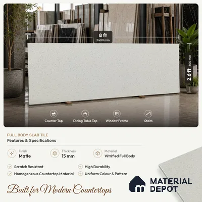 Stone Counter Top Slab TL 10056 C Sago White Nutech 8 ft x 2.62 ft Matte Finish Full Body Vitrified Large Format Tile - 15 mm | Suitable For Counter Top, Dining Table Top & Window Frame