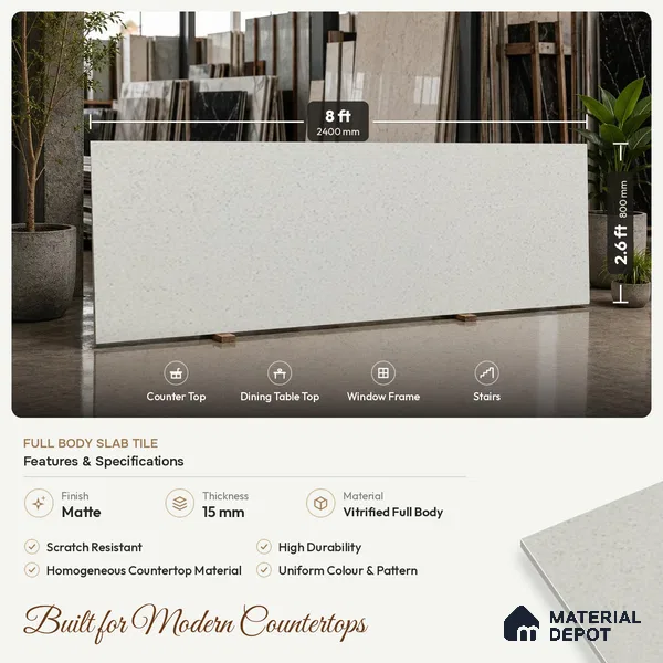 Stone Counter Top Slab TL 10056 C Sago White Nutech 8 ft x 2.62 ft Matte Finish Full Body Vitrified Large Format Tile - 15 mm | Suitable For Counter Top, Dining Table Top & Window Frame
