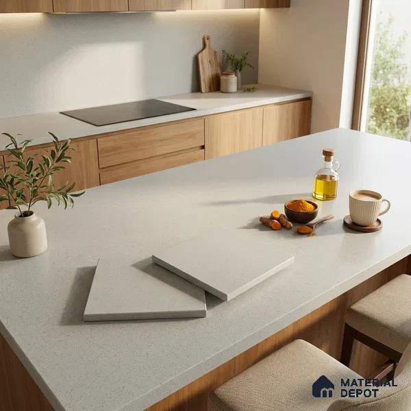 Stone Counter Top Slab TL 10056 C Sago White Nutech 8 ft x 2.62 ft Matte Finish Full Body Vitrified Large Format Tile - 15 mm | Suitable For Counter Top, Dining Table Top & Window Frame
