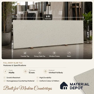 Stone Look Counter Top Slab TL 10056 D Sago Crema Nutech 8 ft x 2.62 ft Matte Finish Full Body Vitrified Large Format Tile - 15 mm | Suitable For Counter Top, Dining Table Top & Window Frame