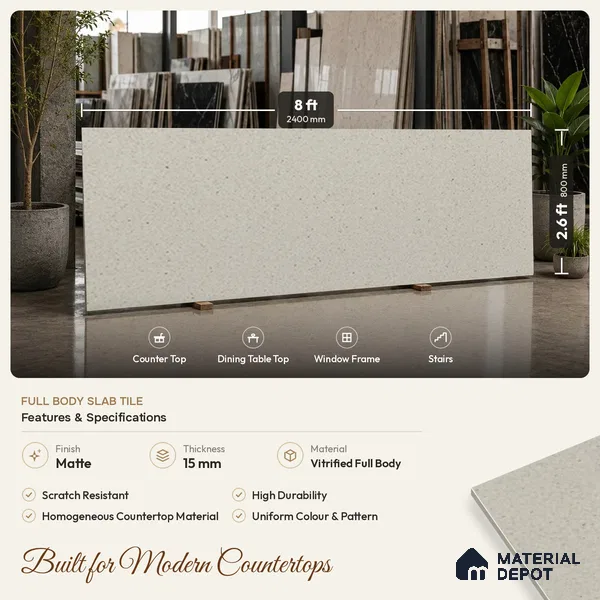 Stone Look Counter Top Slab TL 10056 D Sago Crema Nutech 8 ft x 2.62 ft Matte Finish Full Body Vitrified Large Format Tile - 15 mm | Suitable For Counter Top, Dining Table Top & Window Frame