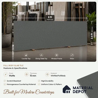 Stone Counter Top Slab TL 10056 F Sago Charcoal Nutech 8 ft x 2.62 ft Matte Finish Full Body Vitrified Large Format Tile - 15 mm | Suitable For Counter Top, Dining Table Top & Window Frame