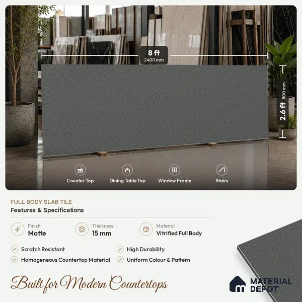 Stone Counter Top Slab TL 10056 F Sago Charcoal Nutech 8 ft x 2.62 ft Matte Finish Full Body Vitrified Large Format Tile - 15 mm | Suitable For Counter Top, Dining Table Top & Window Frame