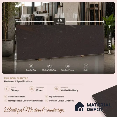 Stone Counter Top Slab TL 10056 G Sago Choco Polished 8 ft x 2.62 ft Glossy Finish Vitrified Large Format Tile - 15 mm | Suitable For Counter Top, Dining Table Top & Window Frame