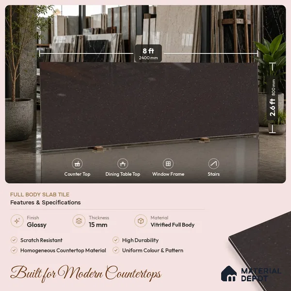 Stone Counter Top Slab TL 10056 G Sago Choco Polished 8 ft x 2.62 ft Glossy Finish Vitrified Large Format Tile - 15 mm | Suitable For Counter Top, Dining Table Top & Window Frame
