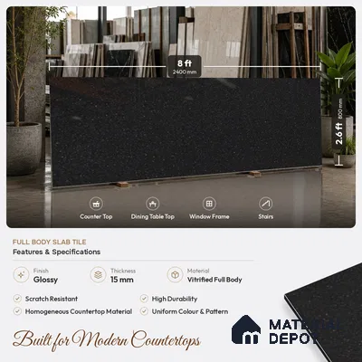 Terrazzo Counter Top Slab TL 10056 H Sago Nero Polished 8 ft x 2.62 ft Glossy Finish Vitrified Large Format Tile - 15 mm Suitable For Counter Top, Dining Table Top & Window Frame