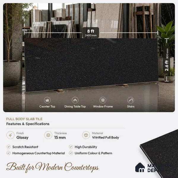Terrazzo Counter Top Slab TL 10056 H Sago Nero Polished 8 ft x 2.62 ft Glossy Finish Vitrified Large Format Tile - 15 mm Suitable For Counter Top, Dining Table Top & Window Frame