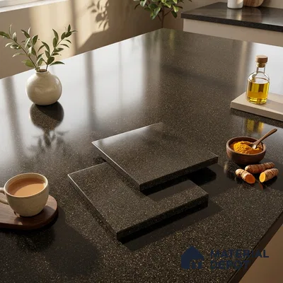 Terrazzo Counter Top Slab TL 10056 H Sago Nero Polished 8 ft x 2.62 ft Glossy Finish Vitrified Large Format Tile - 15 mm Suitable For Counter Top, Dining Table Top & Window Frame