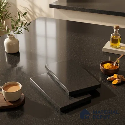 Terrazzo Counter Top Slab TL 10056 H Sago Nero Polished 8 ft x 2.62 ft Glossy Finish Vitrified Large Format Tile - 15 mm Suitable For Counter Top, Dining Table Top & Window Frame