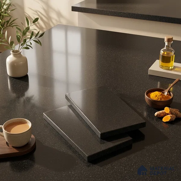 Terrazzo Counter Top Slab TL 10056 H Sago Nero Polished 8 ft x 2.62 ft Glossy Finish Vitrified Large Format Tile - 15 mm Suitable For Counter Top, Dining Table Top & Window Frame