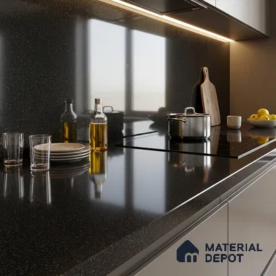 Terrazzo Counter Top Slab TL 10056 H Sago Nero Polished 8 ft x 2.62 ft Glossy Finish Vitrified Large Format Tile - 15 mm Suitable For Counter Top, Dining Table Top & Window Frame