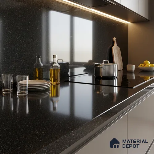 Terrazzo Counter Top Slab TL 10056 H Sago Nero Polished 8 ft x 2.62 ft Glossy Finish Vitrified Large Format Tile - 15 mm Suitable For Counter Top, Dining Table Top & Window Frame
