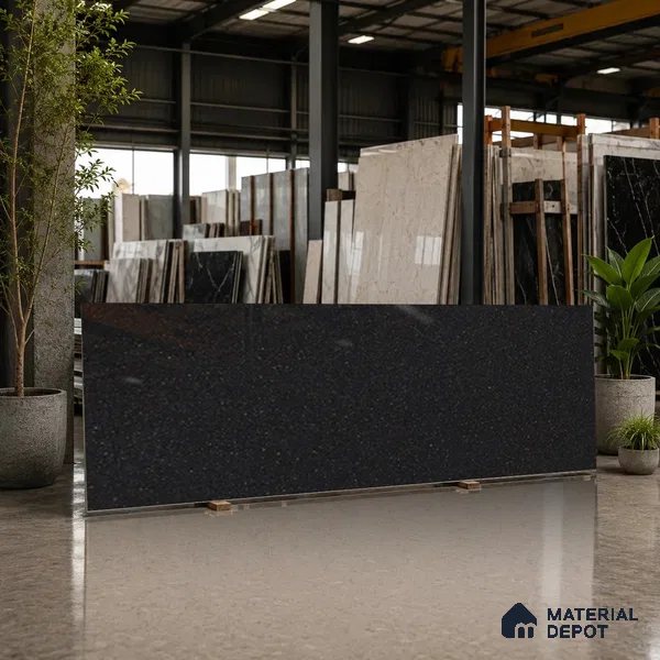 Terrazzo Counter Top Slab TL 10056 H Sago Nero Polished 8 ft x 2.62 ft Glossy Finish Vitrified Large Format Tile - 15 mm Suitable For Counter Top, Dining Table Top & Window Frame