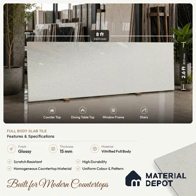 Stone Counter Top Slab TL 10056 I Sago White Polished 8 ft x 2.62 ft Glossy Finish Vitrified Large Format Tile - 15 mm | Suitable For Counter Top, Dining Table Top & Window Frame