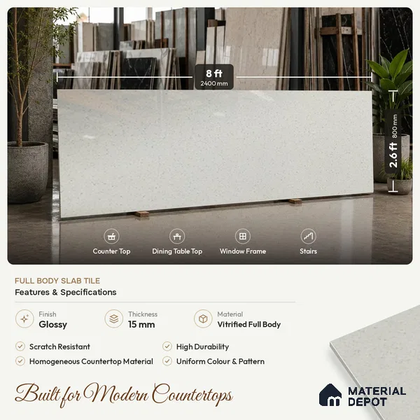 Stone Counter Top Slab TL 10056 I Sago White Polished 8 ft x 2.62 ft Glossy Finish Vitrified Large Format Tile - 15 mm | Suitable For Counter Top, Dining Table Top & Window Frame