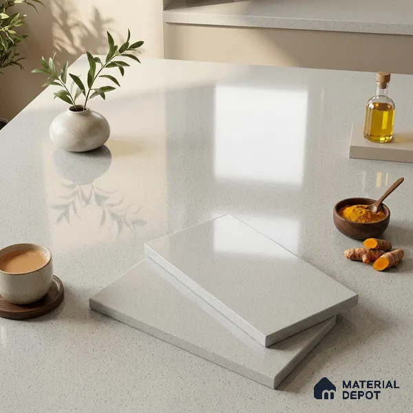 Stone Counter Top Slab TL 10056 I Sago White Polished 8 ft x 2.62 ft Glossy Finish Vitrified Large Format Tile - 15 mm | Suitable For Counter Top, Dining Table Top & Window Frame