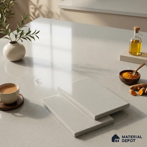 Stone Counter Top Slab TL 10056 I Sago White Polished 8 ft x 2.62 ft Glossy Finish Vitrified Large Format Tile - 15 mm | Suitable For Counter Top, Dining Table Top & Window Frame