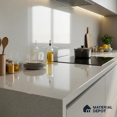 Stone Counter Top Slab TL 10056 I Sago White Polished 8 ft x 2.62 ft Glossy Finish Vitrified Large Format Tile - 15 mm | Suitable For Counter Top, Dining Table Top & Window Frame