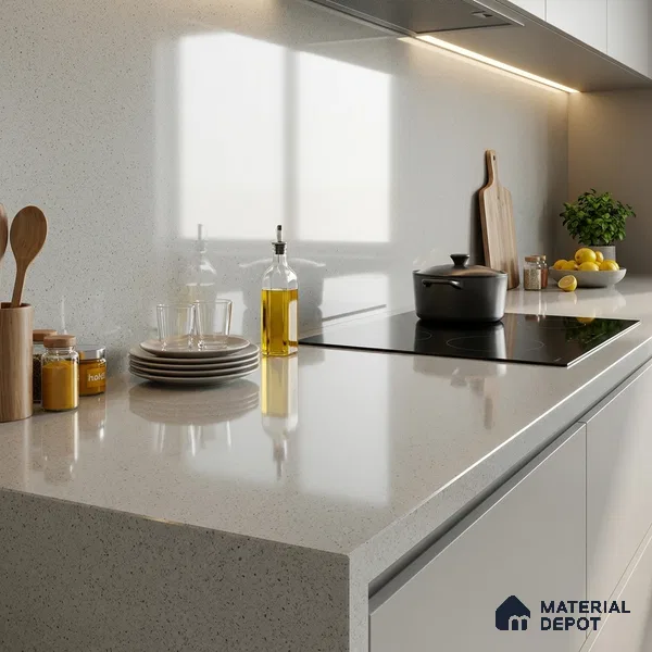 Stone Counter Top Slab TL 10056 I Sago White Polished 8 ft x 2.62 ft Glossy Finish Vitrified Large Format Tile - 15 mm | Suitable For Counter Top, Dining Table Top & Window Frame