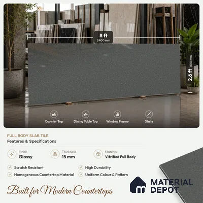 Stone Counter Top Slab TL 10056 K Sago Charcoal Polished 8 ft x 2.62 ft Glossy Finish Vitrified Large Format Tile - 15 mm | Suitable For Counter Top, Dining Table Top & Window Frame