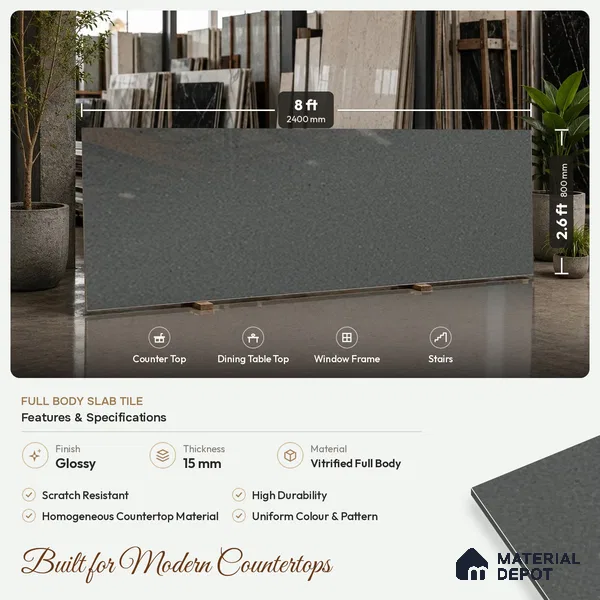 Stone Counter Top Slab TL 10056 K Sago Charcoal Polished 8 ft x 2.62 ft Glossy Finish Vitrified Large Format Tile - 15 mm | Suitable For Counter Top, Dining Table Top & Window Frame