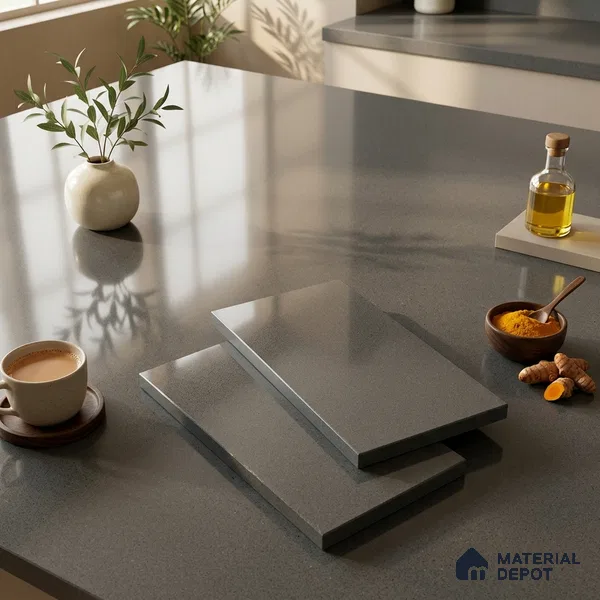 Stone Counter Top Slab TL 10056 K Sago Charcoal Polished 8 ft x 2.62 ft Glossy Finish Vitrified Large Format Tile - 15 mm | Suitable For Counter Top, Dining Table Top & Window Frame