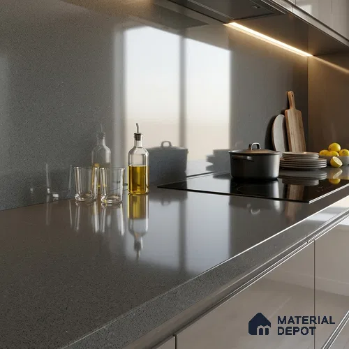 Stone Counter Top Slab TL 10056 K Sago Charcoal Polished 8 ft x 2.62 ft Glossy Finish Vitrified Large Format Tile - 15 mm | Suitable For Counter Top, Dining Table Top & Window Frame