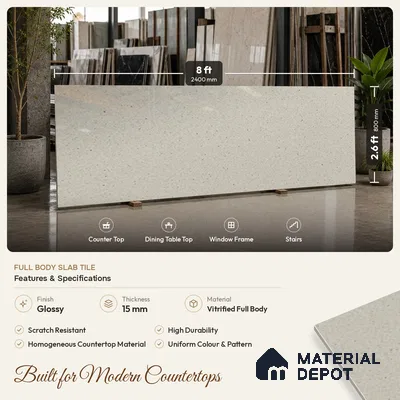 Terrazzo Counter Top Slab TL 10056 L Sago Crema Polished 8 ft x 2.62 ft Glossy Finish Vitrified Large Format Tile - 15 mm Suitable For Counter Top, Dining Table Top & Window Frame