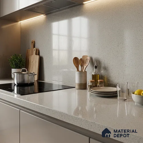 Terrazzo Counter Top Slab TL 10056 L Sago Crema Polished 8 ft x 2.62 ft Glossy Finish Vitrified Large Format Tile - 15 mm Suitable For Counter Top, Dining Table Top & Window Frame