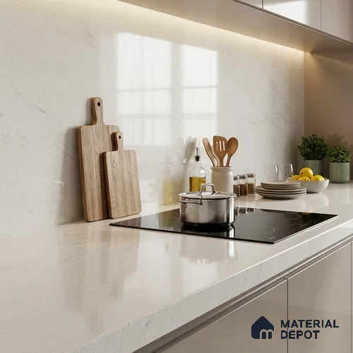 Plain Counter Top Slab TL 10062 White 8 ft x 2.62 ft Glossy Finish Vitrified Large Format Tile - 15 mm | Suitable For Counter Top, Dining Table Top & Window Frame