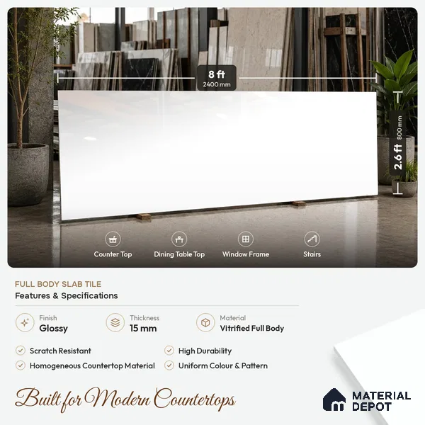 Stone Counter Top Slab TL 10064 Crystal White 8 ft x 2.62 ft Glossy Finish Vitrified Large Format Tile - 15 mm | Suitable For Counter Top, Dining Table Top & Window Frame