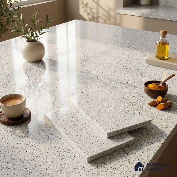Stone Counter Top Slab TL 10064 Crystal White 8 ft x 2.62 ft Glossy Finish Vitrified Large Format Tile - 15 mm | Suitable For Counter Top, Dining Table Top & Window Frame