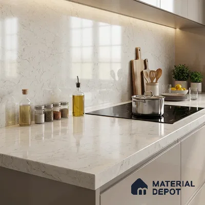Stone Counter Top Slab TL 10064 Crystal White 8 ft x 2.62 ft Glossy Finish Vitrified Large Format Tile - 15 mm | Suitable For Counter Top, Dining Table Top & Window Frame