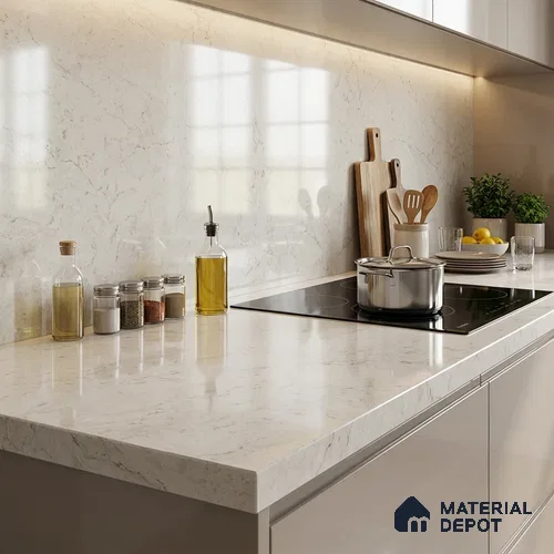 Stone Counter Top Slab TL 10064 Crystal White 8 ft x 2.62 ft Glossy Finish Vitrified Large Format Tile - 15 mm | Suitable For Counter Top, Dining Table Top & Window Frame