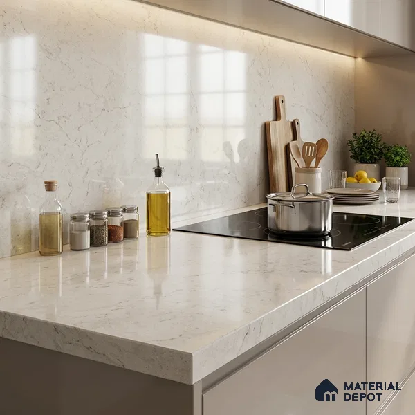 Stone Counter Top Slab TL 10064 Crystal White 8 ft x 2.62 ft Glossy Finish Vitrified Large Format Tile - 15 mm | Suitable For Counter Top, Dining Table Top & Window Frame