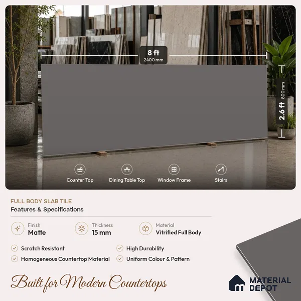 Stone Counter Top Slab TL 10060 Steel Grey 8 ft x 2.62 ft Matte Finish Full Body Vitrified Large Format Tile - 15 mm | Suitable For Counter Top, Dining Table Top & Window Frame