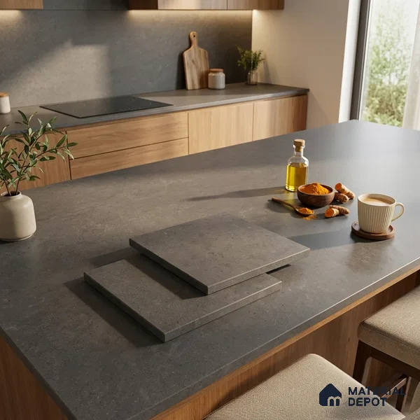Stone Counter Top Slab TL 10060 Steel Grey 8 ft x 2.62 ft Matte Finish Full Body Vitrified Large Format Tile - 15 mm | Suitable For Counter Top, Dining Table Top & Window Frame