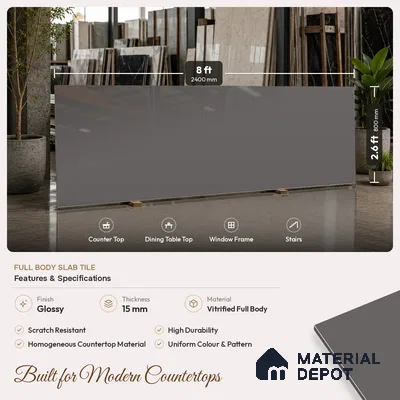 Stone Counter Top Slab TL 10060 B Steel Grey 8 ft x 2.62 ft Glossy Finish Vitrified Large Format Tile - 15 mm | Suitable For Counter Top, Dining Table Top & Window Frame