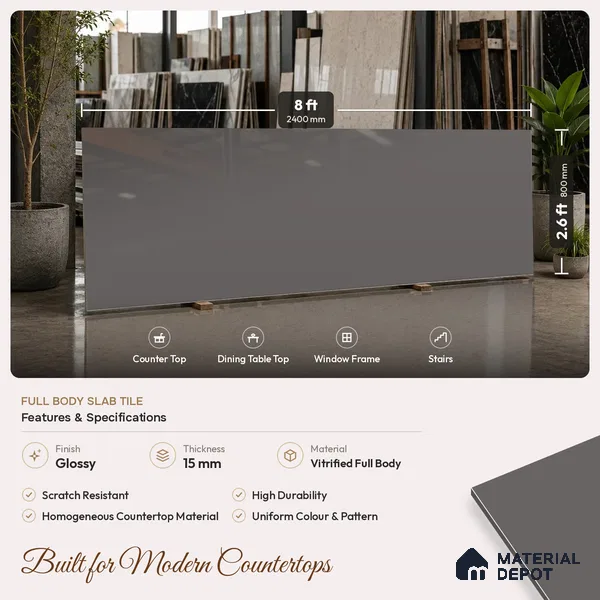Stone Counter Top Slab TL 10060 B Steel Grey 8 ft x 2.62 ft Glossy Finish Vitrified Large Format Tile - 15 mm | Suitable For Counter Top, Dining Table Top & Window Frame