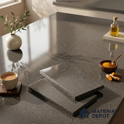 Stone Counter Top Slab TL 10060 B Steel Grey 8 ft x 2.62 ft Glossy Finish Vitrified Large Format Tile - 15 mm | Suitable For Counter Top, Dining Table Top & Window Frame