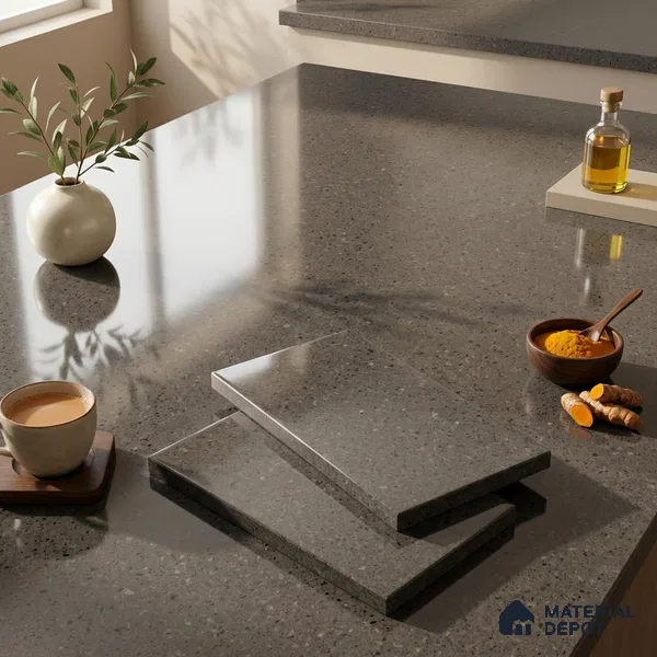 Stone Counter Top Slab TL 10060 B Steel Grey 8 ft x 2.62 ft Glossy Finish Vitrified Large Format Tile - 15 mm | Suitable For Counter Top, Dining Table Top & Window Frame